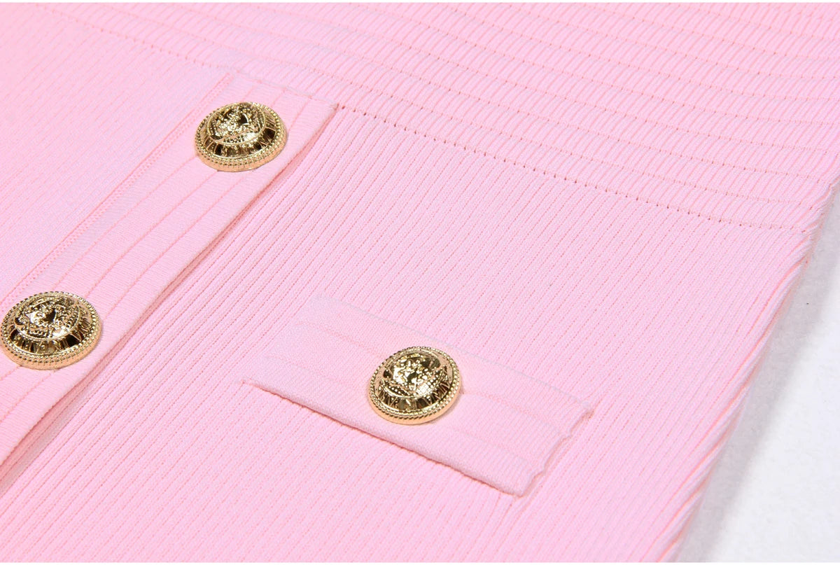 2025 Spring/Summer New Fashion Knitted Elastic Short Sleeve Solid Color Gold Button Slimming Style Commuter Women's Dress