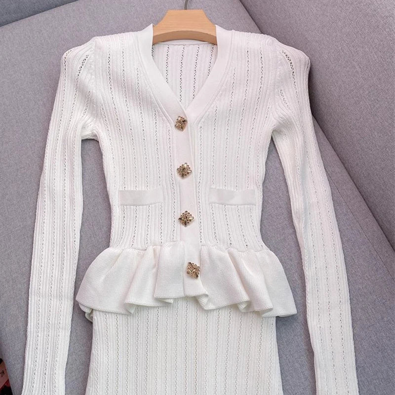 YuooMuoo Brand Fashion One-piece Knitted Maxi Dress Women Elegant V-neck Ruffled Slim Waist Bodycon Sweater Dress Party Vestido