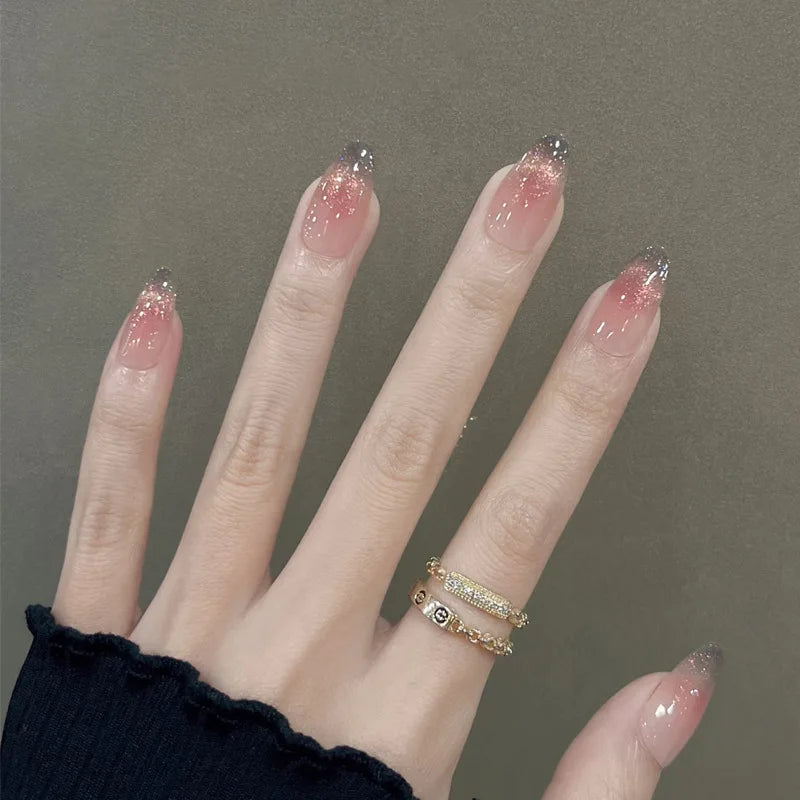 24Pcs Mid-length Almond Ballet False Nails Simple Cat Eye Design Press on Fake Nail Wearable Full Cover Nail Tips Manicure Tools