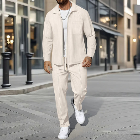 Men's autumn and winter waffle-pattern solid color zipped front pocket lapel fitted cardigan jacket set