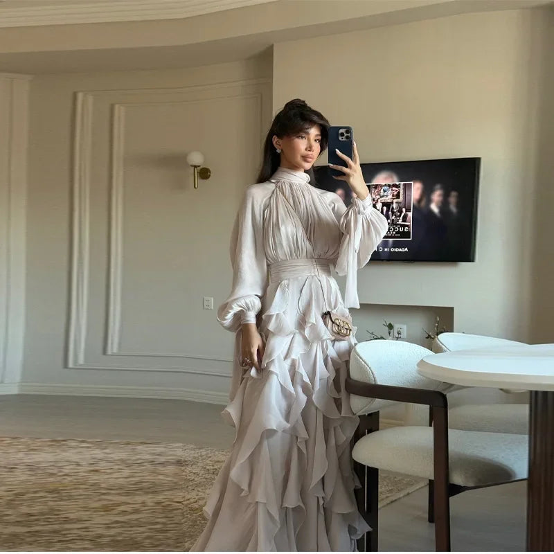 2025 New Sexy Party Dress Lace Up Long Sleeve Slim Fit A Line Maxi Shiny Ruffles Hem Clubwear Evening Gowns Summer Beach