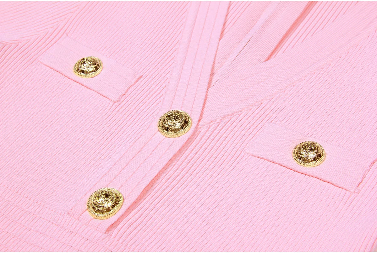 2025 Spring/Summer New Fashion Knitted Elastic Short Sleeve Solid Color Gold Button Slimming Style Commuter Women's Dress