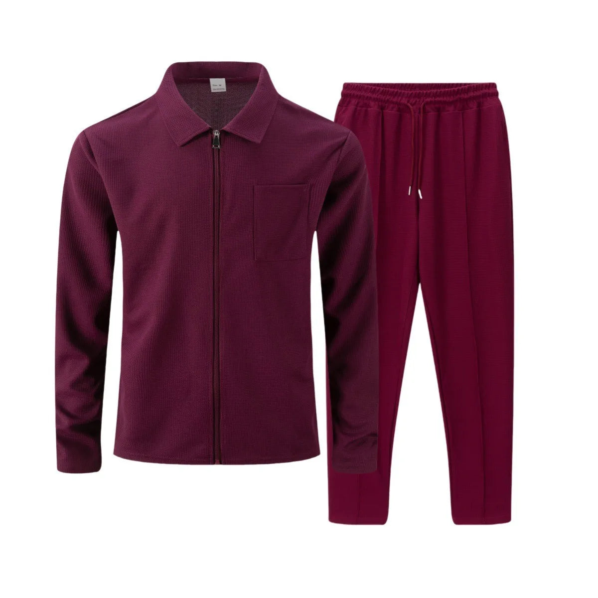 Men's autumn and winter waffle-pattern solid color zipped front pocket lapel fitted cardigan jacket set