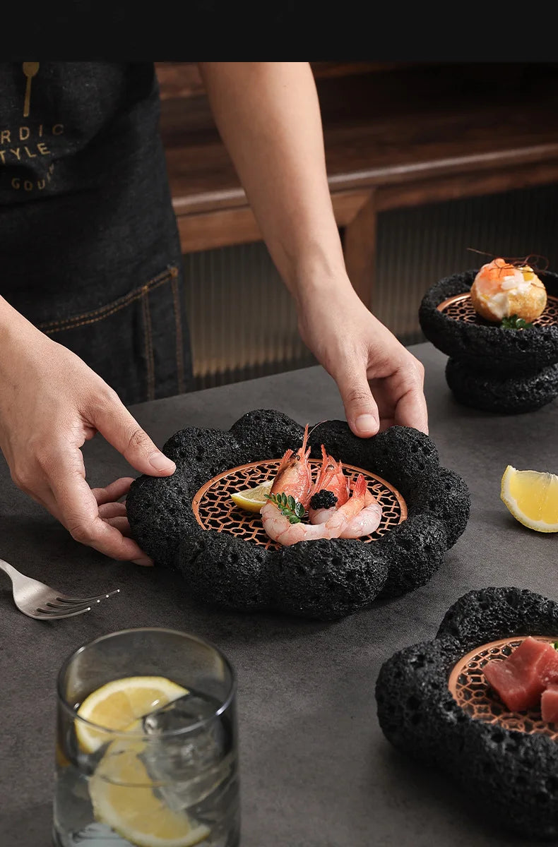 Japanese Tableware Rock Sushi Plate Coal Ball Volcanic Stone Swing Plate Steak Plate Hotel Creative Dining Plate Sushi Dish