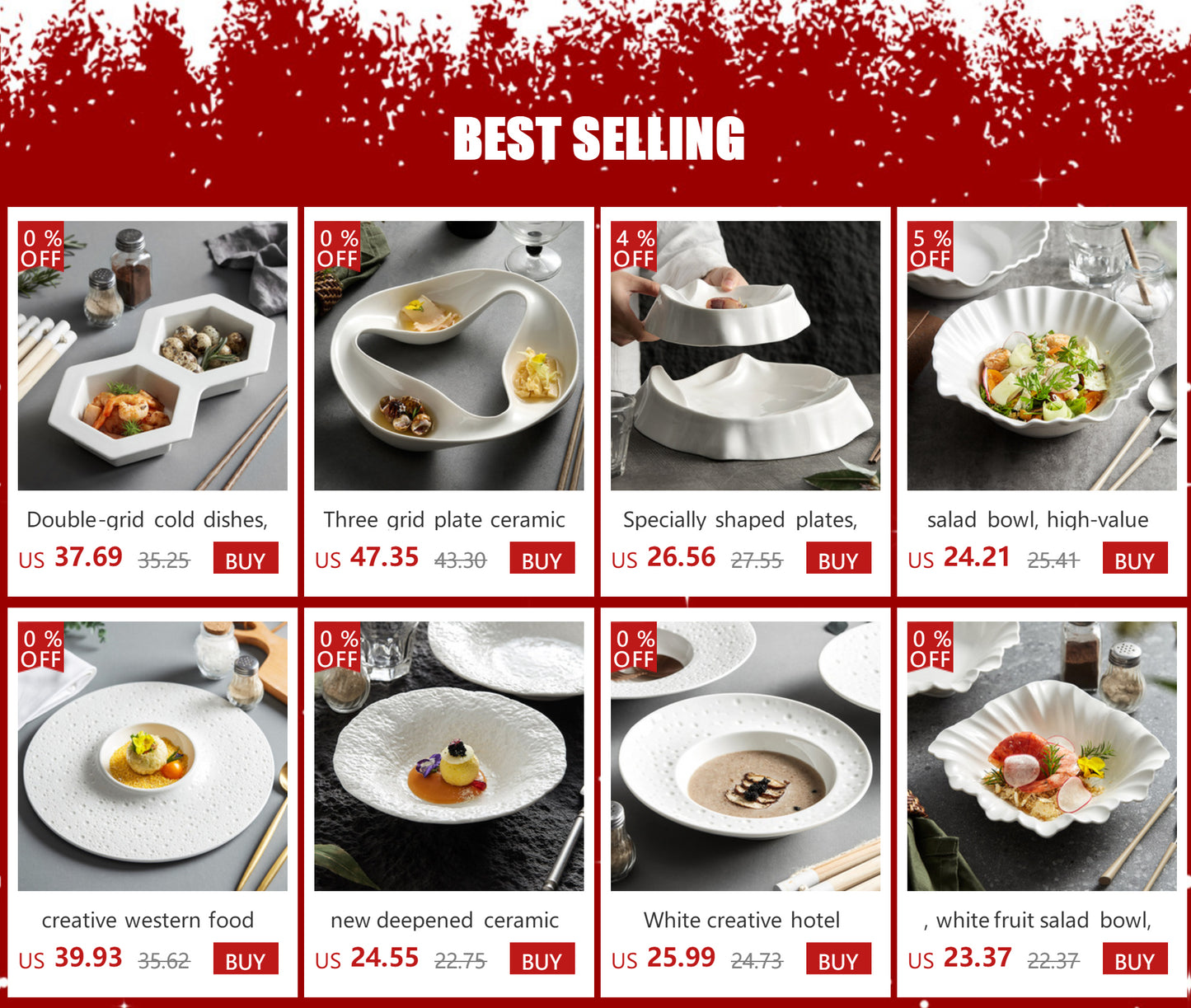 Folding deep plate, dishes, Japanese tableware, western-style salad, household ceramic high-grade tableware.