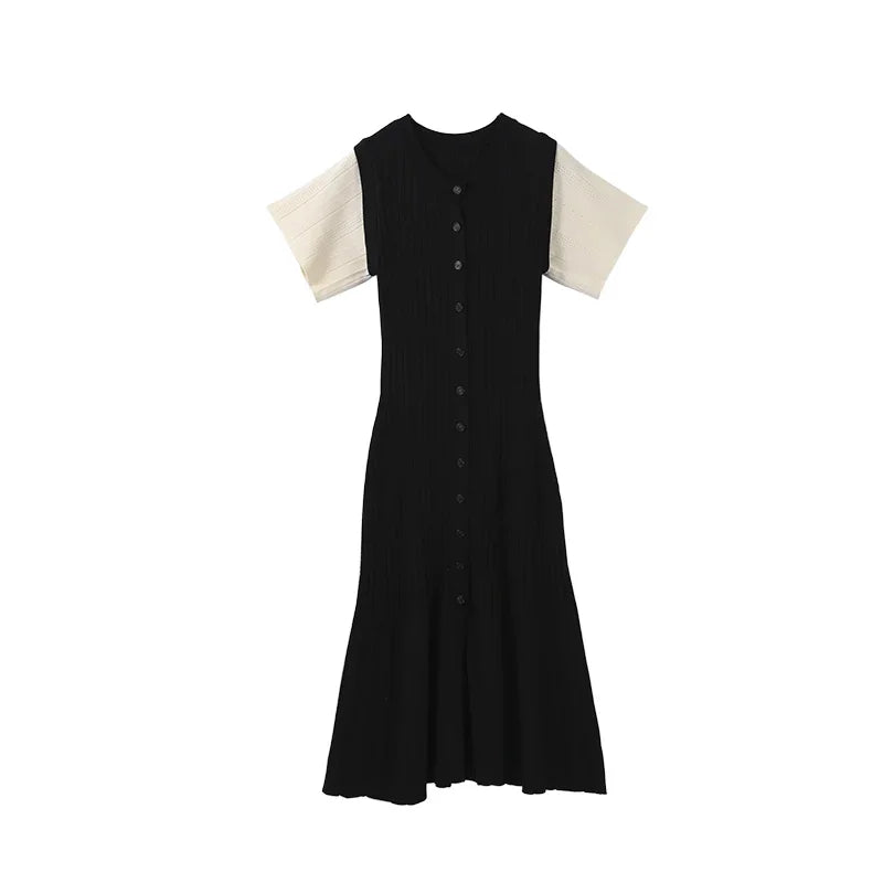 Knit Maxi Dress For Women Elegant Solid O-neck Single Breasted Short Sleeve Long Dresses Female 2025 Summer Fashion Lady Vestido