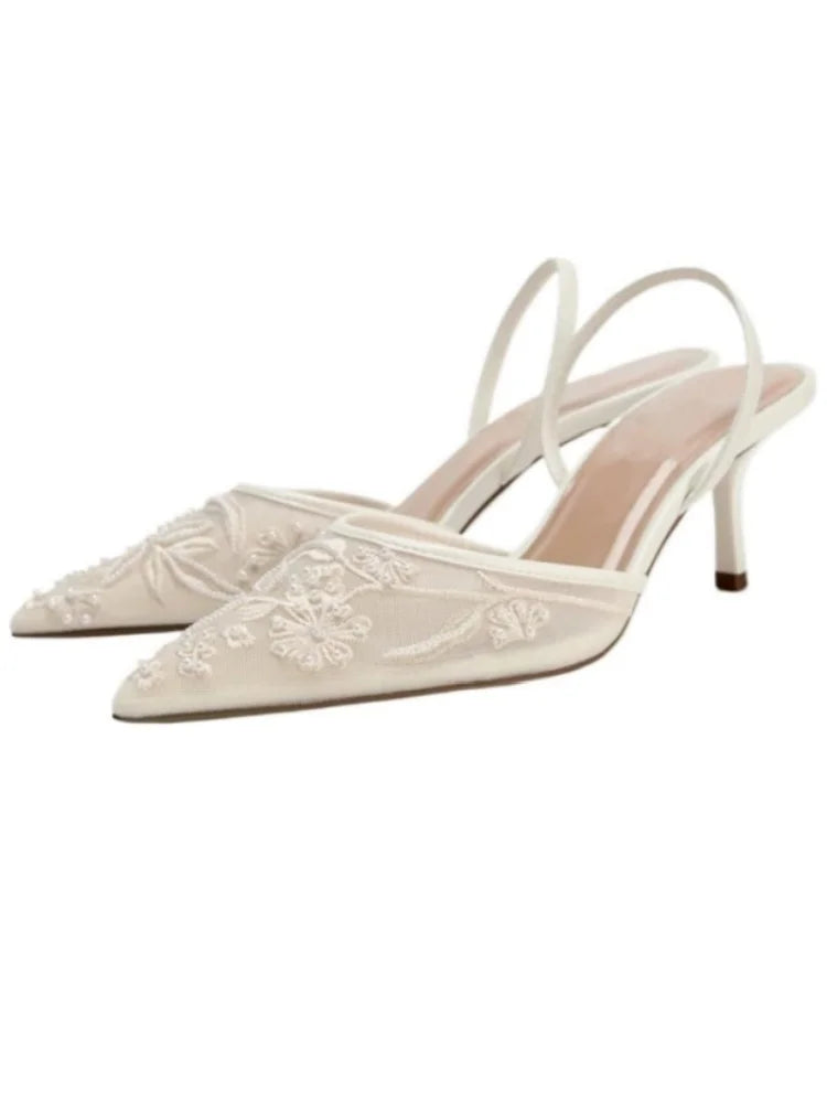 Women's Mesh Floral Embroidered Slingback High Heels Female Open Heel Pearl Studded Pointed Toe Sandals Sexy Stiletto Lady Mules