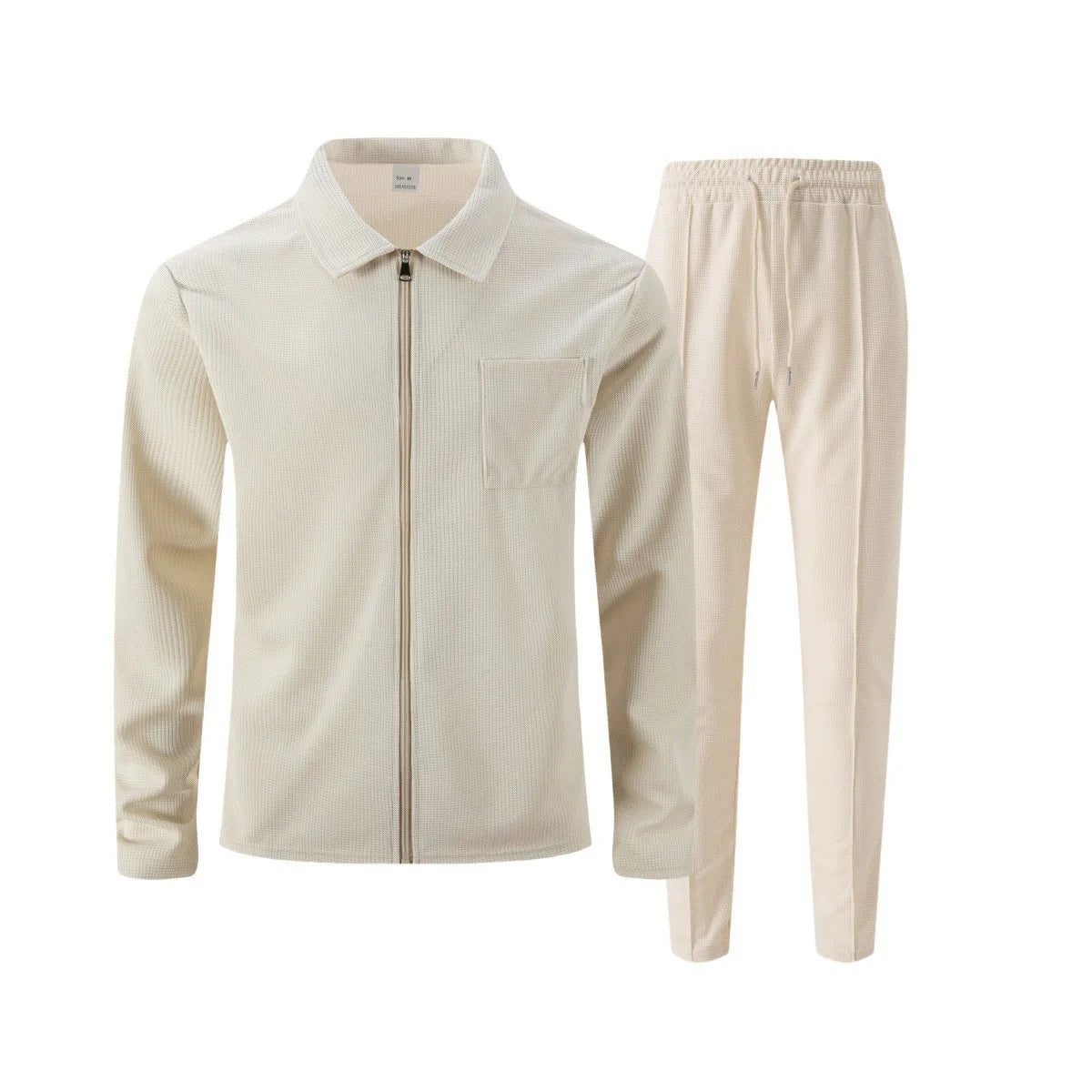 Men's autumn and winter waffle-pattern solid color zipped front pocket lapel fitted cardigan jacket set