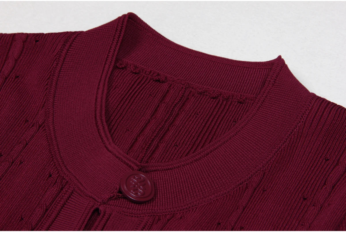 Three Color High-quality New Fashionable Elastic Knitted Hollow Round Neck Single Breasted Short Sleeved Slim Fit Women's Dress