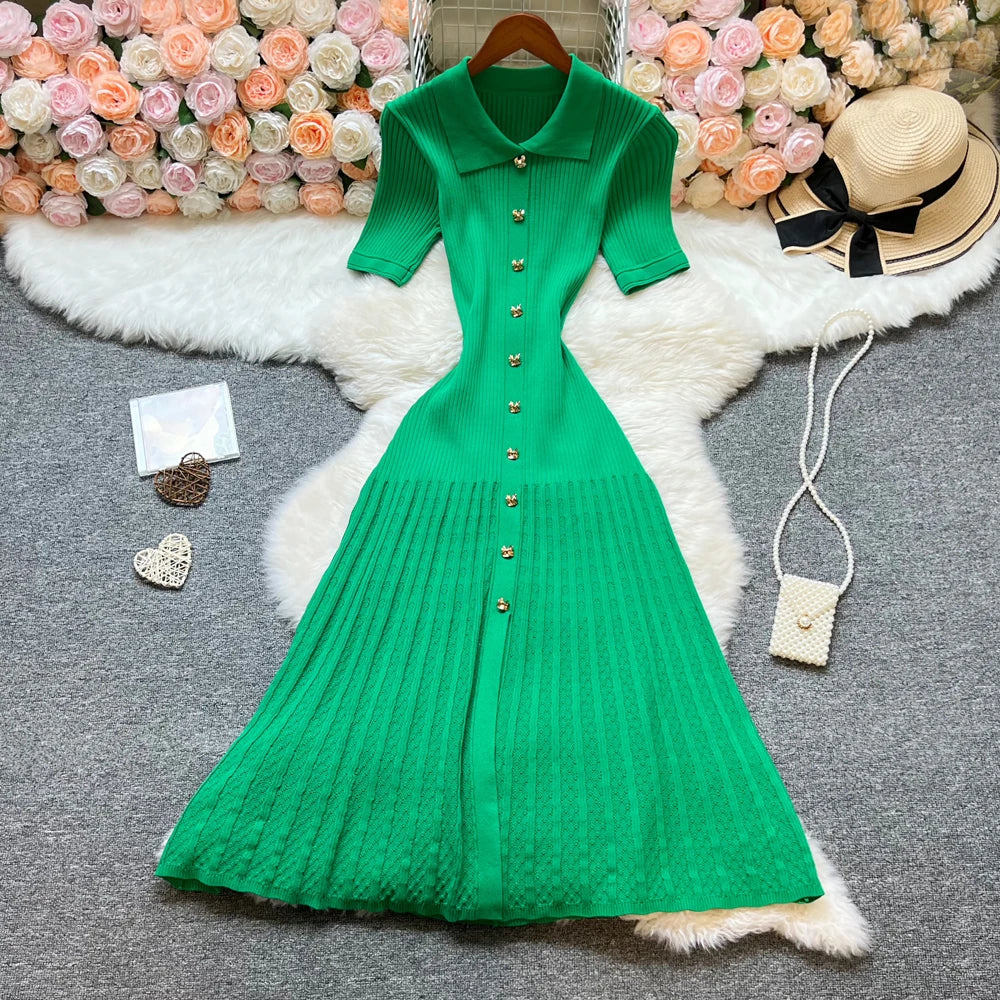 YuooMuoo Brand Fashion Elegant Patchwork Knitted Long Dress Spring Summer Women Luxury Shirt Sweater Dress Lady Party Vestido