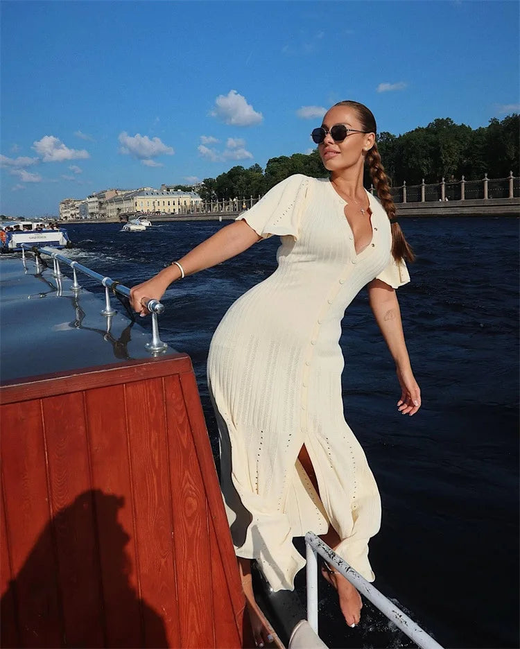 Elegant Knitted Single Breasted Midi Dress Women's Patchwork Dresses Female 2025 Summer Robe New Black Beige Robes Evening Party