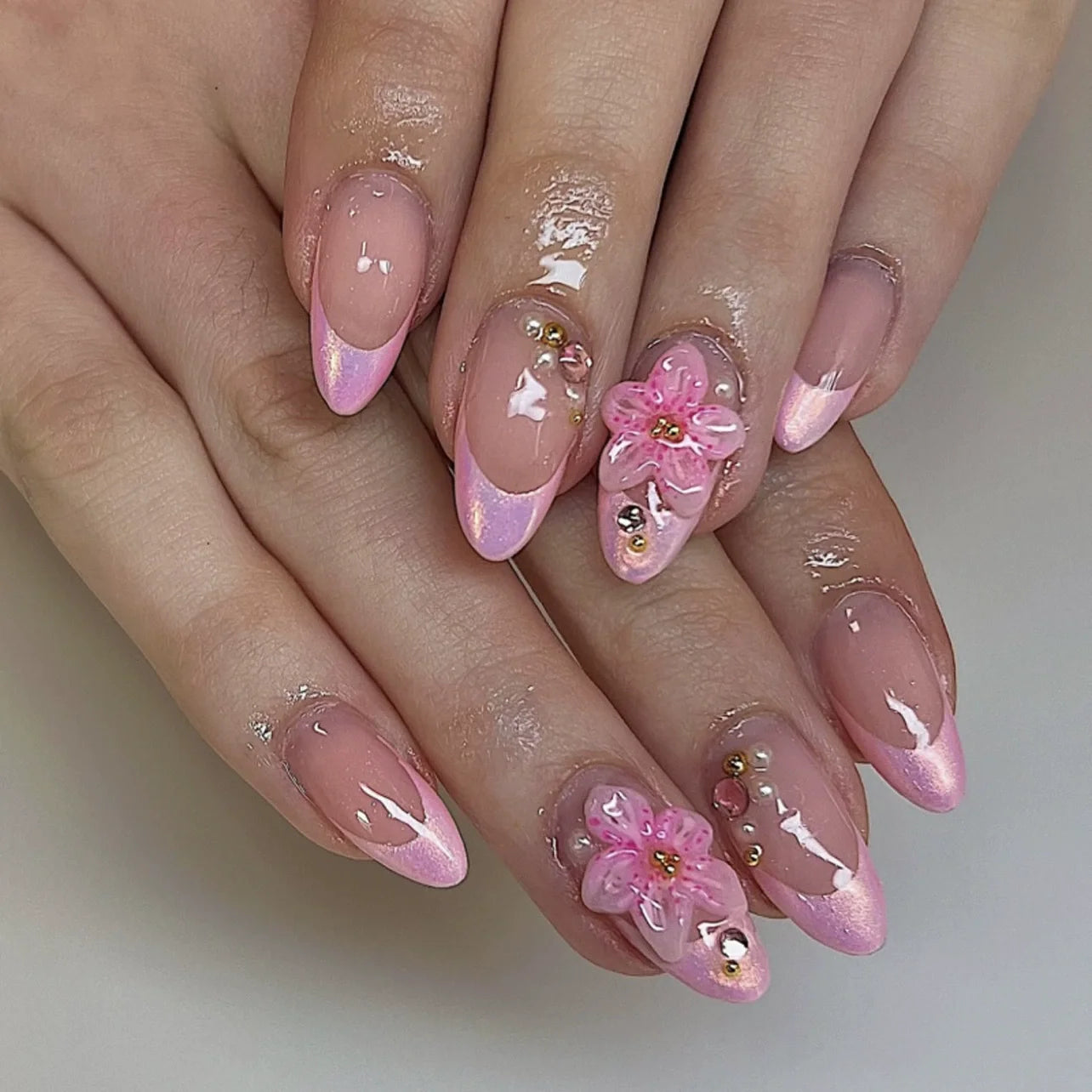 24Pcs Mid-length 3D Flowers Design Fingertips Sweet Butterfly Yellow Ripple Almond False Nails Detachable Full Cover Press Ons