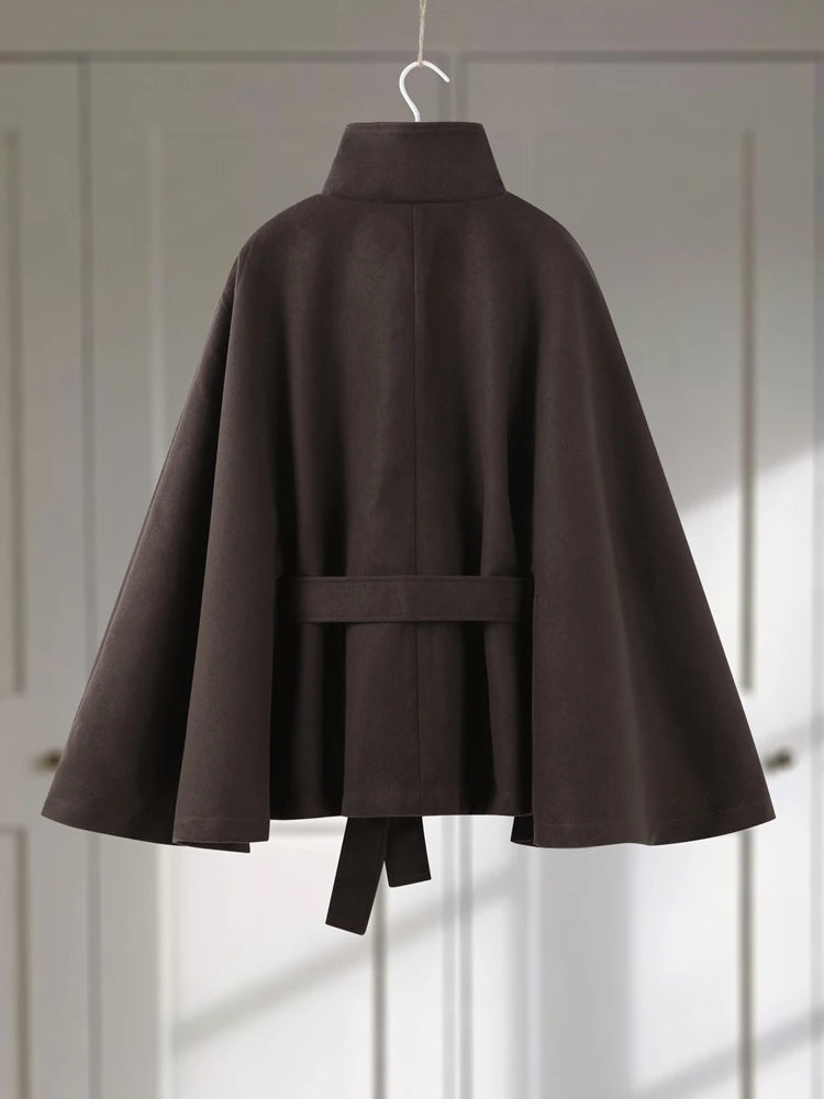 Faux Fur Cloak Jackets Women Loose StandNeck Three Button Wide Sleeves Belt Coats Female 2025 Autumn Solid Chic Fashion Outwears