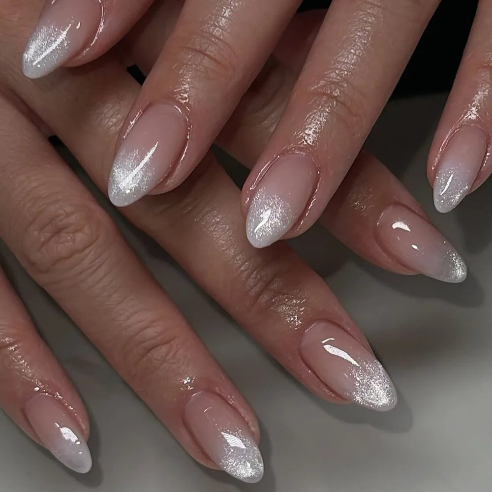 24Pcs Mid-length Almond Ballet False Nails Simple Cat Eye Design Press on Fake Nail Wearable Full Cover Nail Tips Manicure Tools