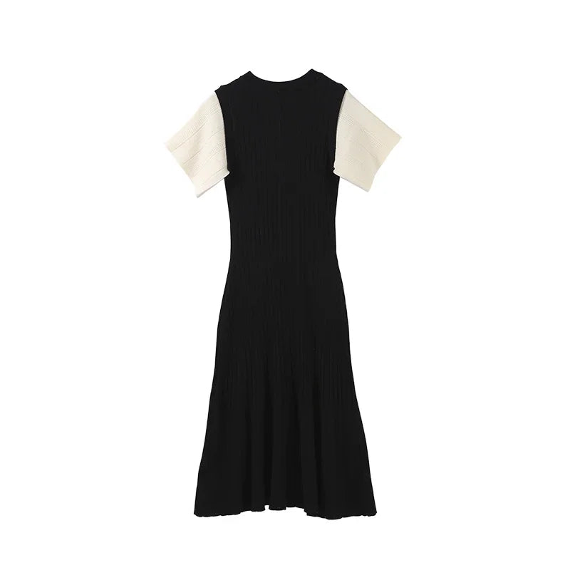 Knit Maxi Dress For Women Elegant Solid O-neck Single Breasted Short Sleeve Long Dresses Female 2025 Summer Fashion Lady Vestido