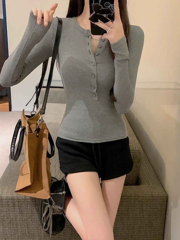 Solid Single Breasted Long Sleeve T-shirt Women Slim Fit Long Sleeve Tops 2025 Autumn Fashion Casual Basic T-shirt