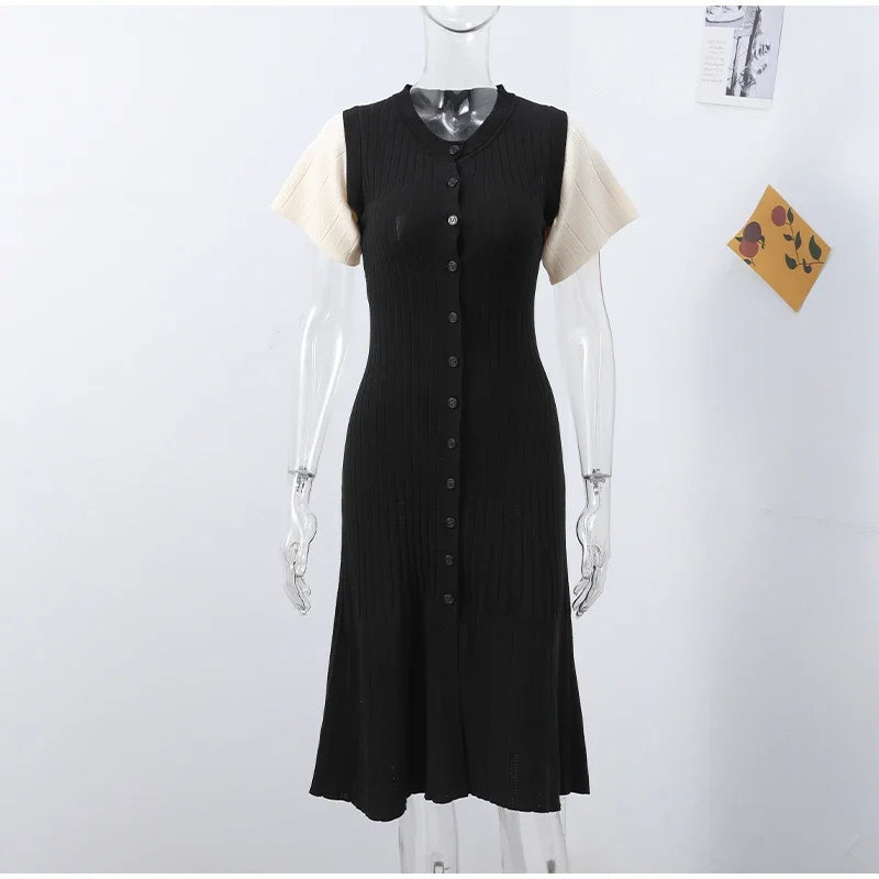 Knit Maxi Dress For Women Elegant Solid O-neck Single Breasted Short Sleeve Long Dresses Female 2025 Summer Fashion Lady Vestido