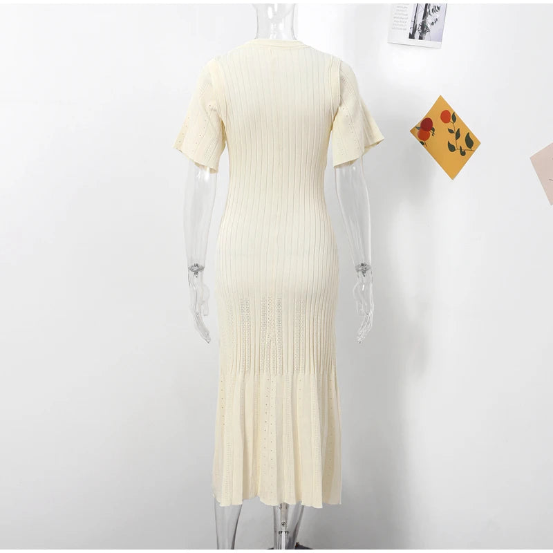 Knit Maxi Dress For Women Elegant Solid O-neck Single Breasted Short Sleeve Long Dresses Female 2025 Summer Fashion Lady Vestido
