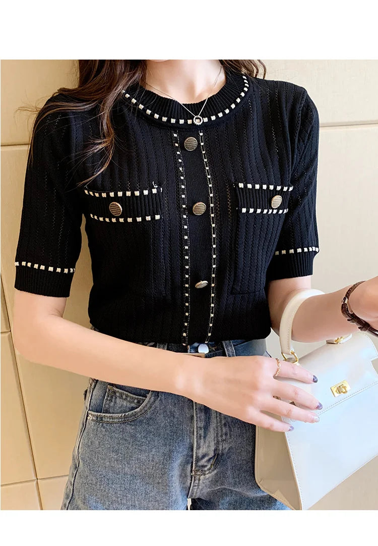 White Tshirt Women Summer 2024 Short Sleeve Top Ladies Pockets Basic T Shirts Knitted Casual Clothes Tee Shirt Femme