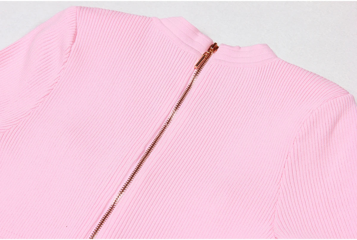 2025 Spring/Summer New Fashion Knitted Elastic Short Sleeve Solid Color Gold Button Slimming Style Commuter Women's Dress