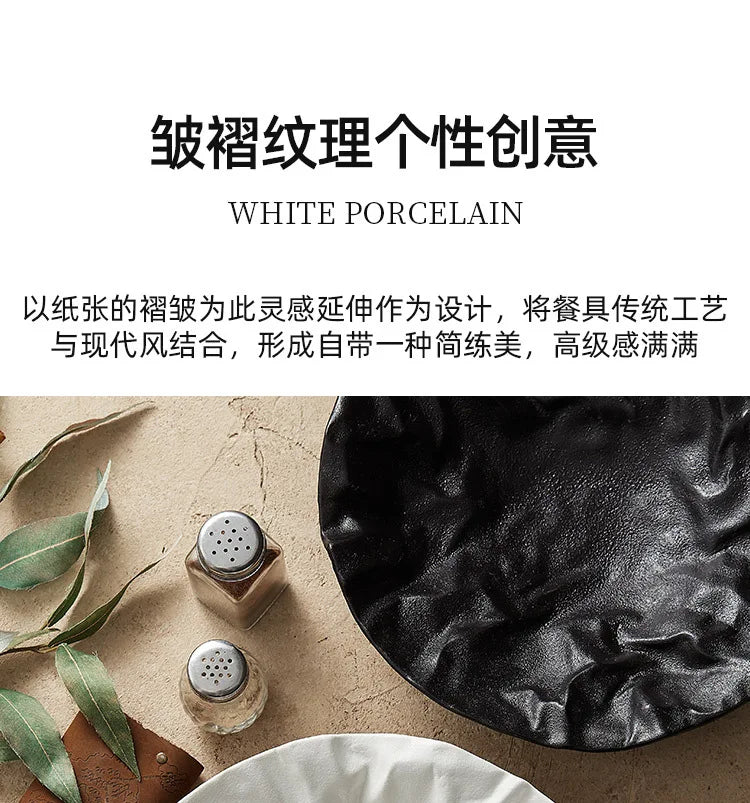 Folding deep plate, dishes, Japanese tableware, western-style salad, household ceramic high-grade tableware.
