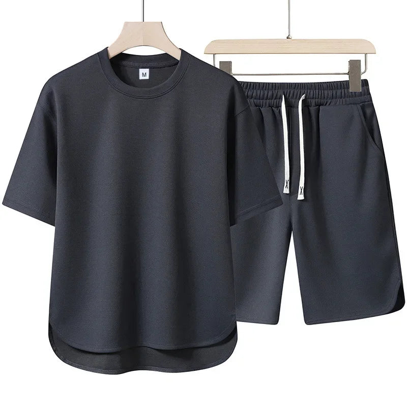 2025 Arc short-sleeved Set: Quality and Fashionable men's short-sleeved casual high-neck set + shorts, 2-piece set, high-quality