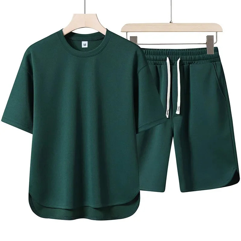2025 Arc short-sleeved Set: Quality and Fashionable men's short-sleeved casual high-neck set + shorts, 2-piece set, high-quality