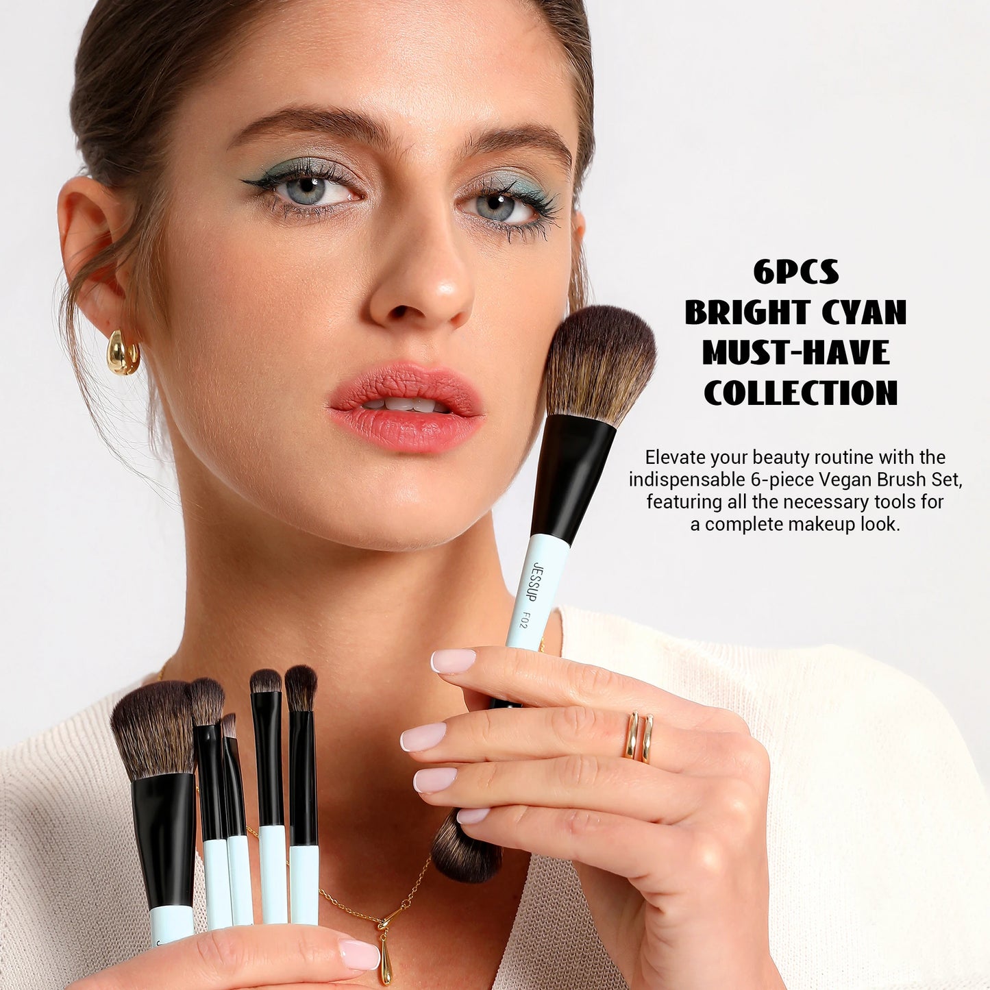 Jessup Makeup Brush Set Double Sided Makeup Brushes Foundation Contour Blush Blending Eyebrow Shadow,Fiber Bright Cyan T501