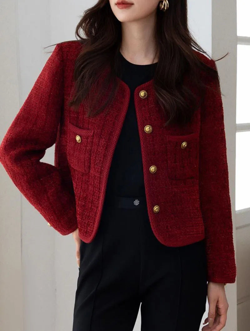 Lucyever Wine Red Tweed Coats Female 2025 Autumn Winter New Fashion Temperament Short Jacket Korean All-Match O-Neck Outerwear