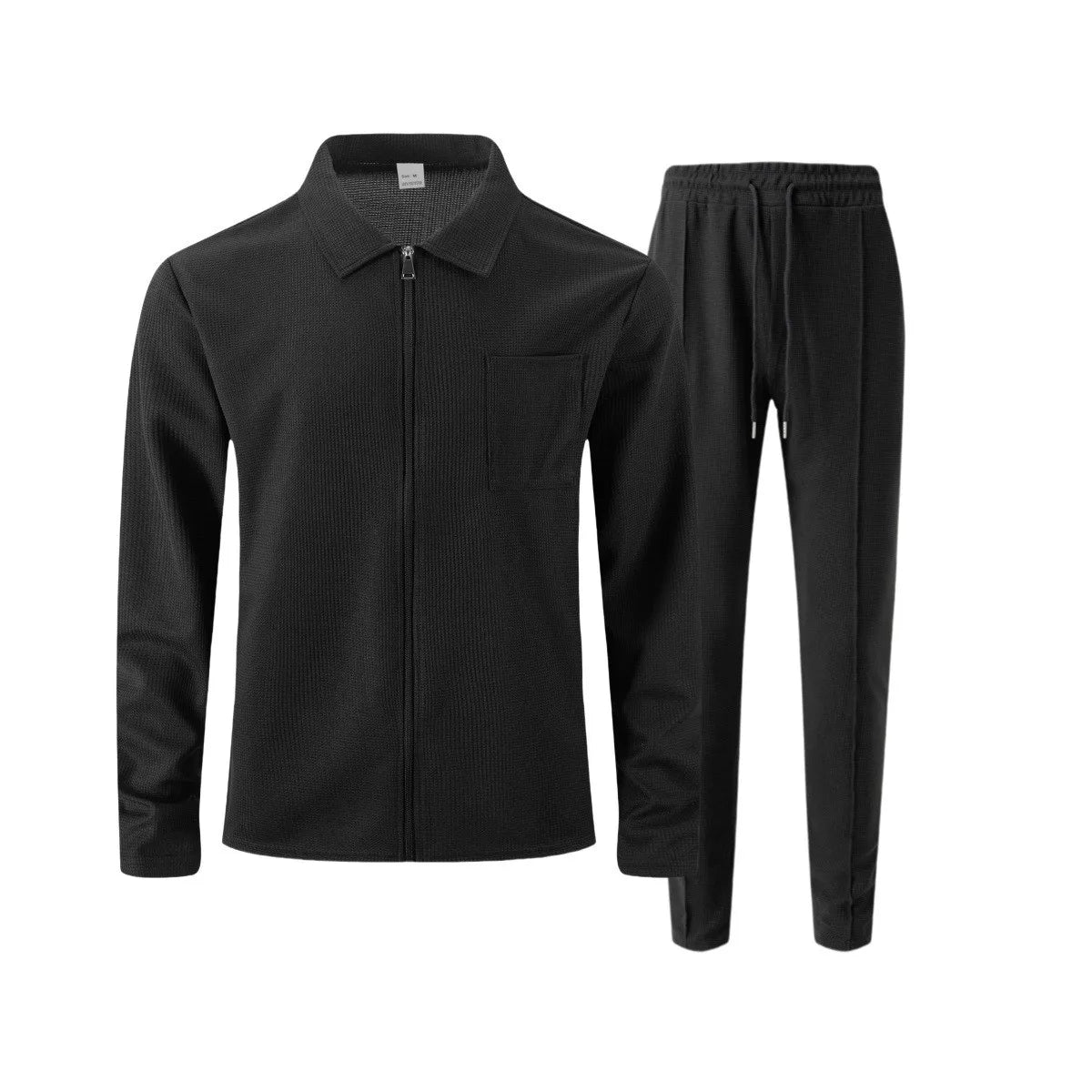 Men's autumn and winter waffle-pattern solid color zipped front pocket lapel fitted cardigan jacket set