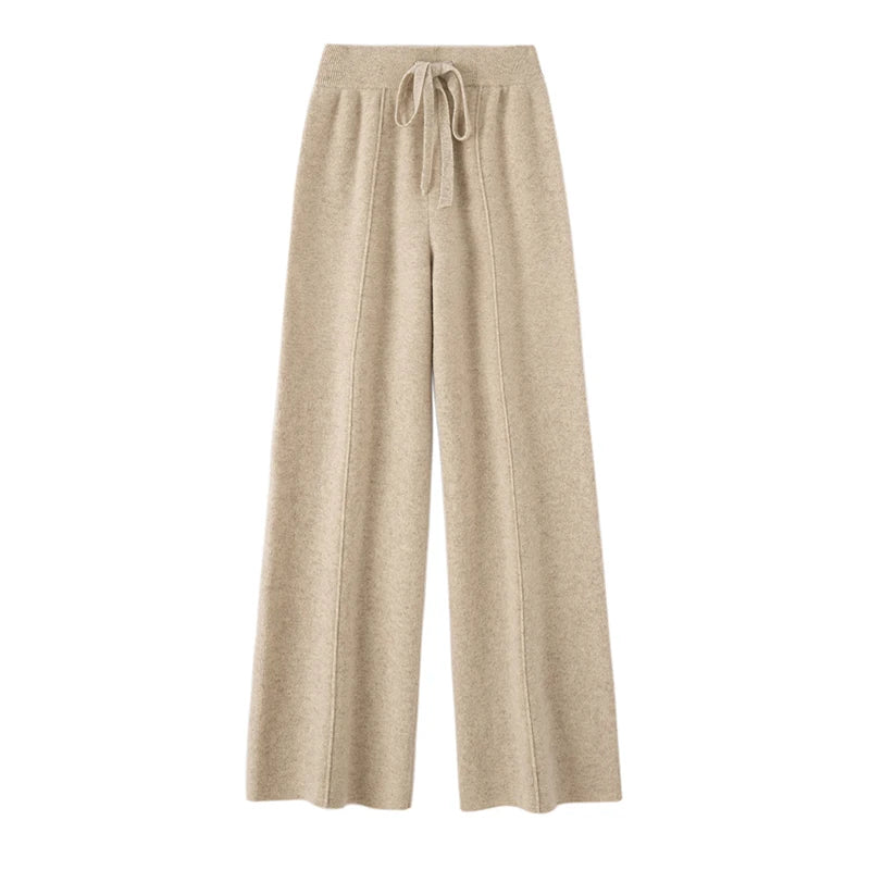 Autumn Winter Women Wide Leg Pants 100% Merino Wool Elastic Waist Straight Trousers Knitted Elegant Draped Loose Fit Trousers