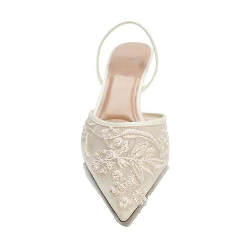 Women's Mesh Floral Embroidered Slingback High Heels Female Open Heel Pearl Studded Pointed Toe Sandals Sexy Stiletto Lady Mules