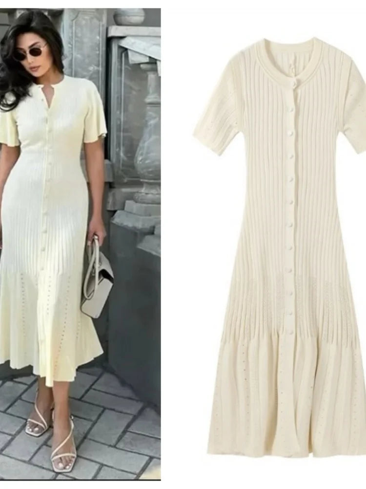 Knit Maxi Dress For Women Elegant Solid O-neck Single Breasted Short Sleeve Long Dresses Female 2025 Summer Fashion Lady Vestido