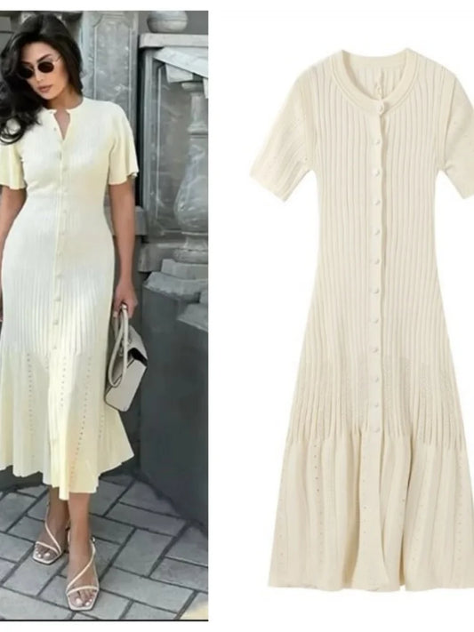 Knit Maxi Dress For Women Elegant Solid O-neck Single Breasted Short Sleeve Long Dresses Female 2025 Summer Fashion Lady Vestido