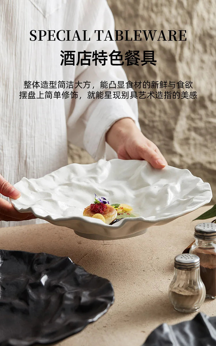 Folding deep plate, dishes, Japanese tableware, western-style salad, household ceramic high-grade tableware.