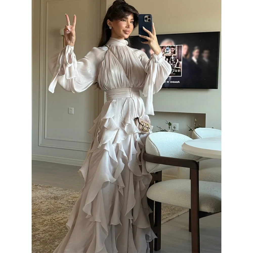 2025 New Sexy Party Dress Lace Up Long Sleeve Slim Fit A Line Maxi Shiny Ruffles Hem Clubwear Evening Gowns Summer Beach