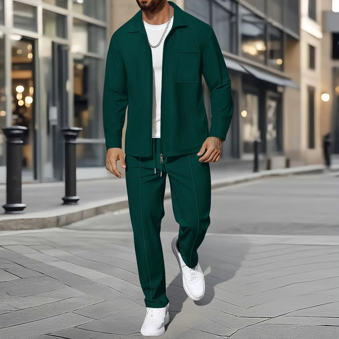 Men's autumn and winter waffle-pattern solid color zipped front pocket lapel fitted cardigan jacket set