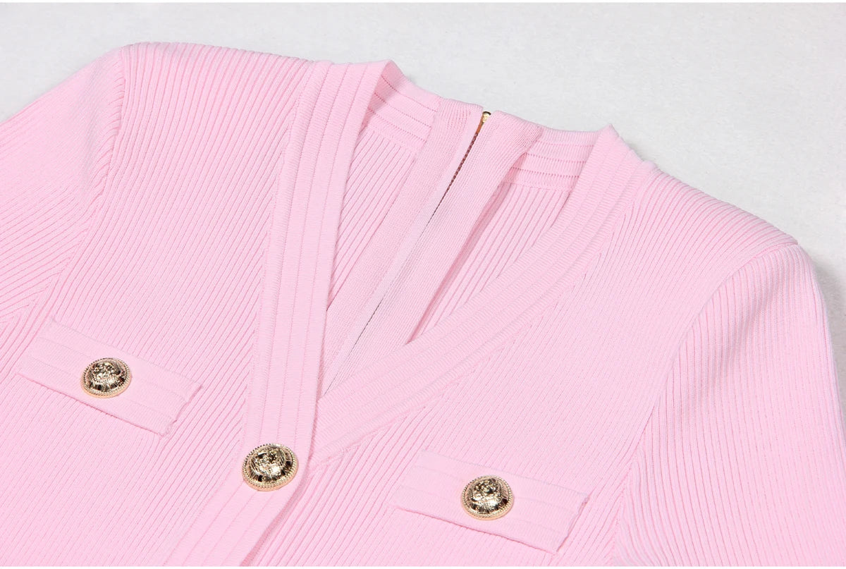 2025 Spring/Summer New Fashion Knitted Elastic Short Sleeve Solid Color Gold Button Slimming Style Commuter Women's Dress