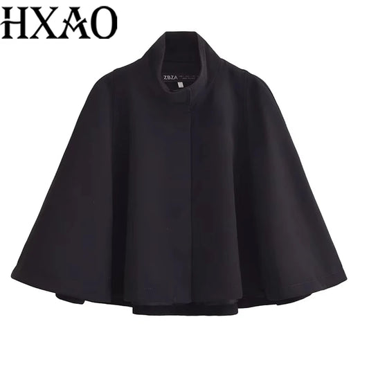 HXAO Black Cropped Cape Coat 2024 Women's Autumn Winter Oversized Long Sleeve Short Cloak Outerwear Fashion Casual Elegant Coat