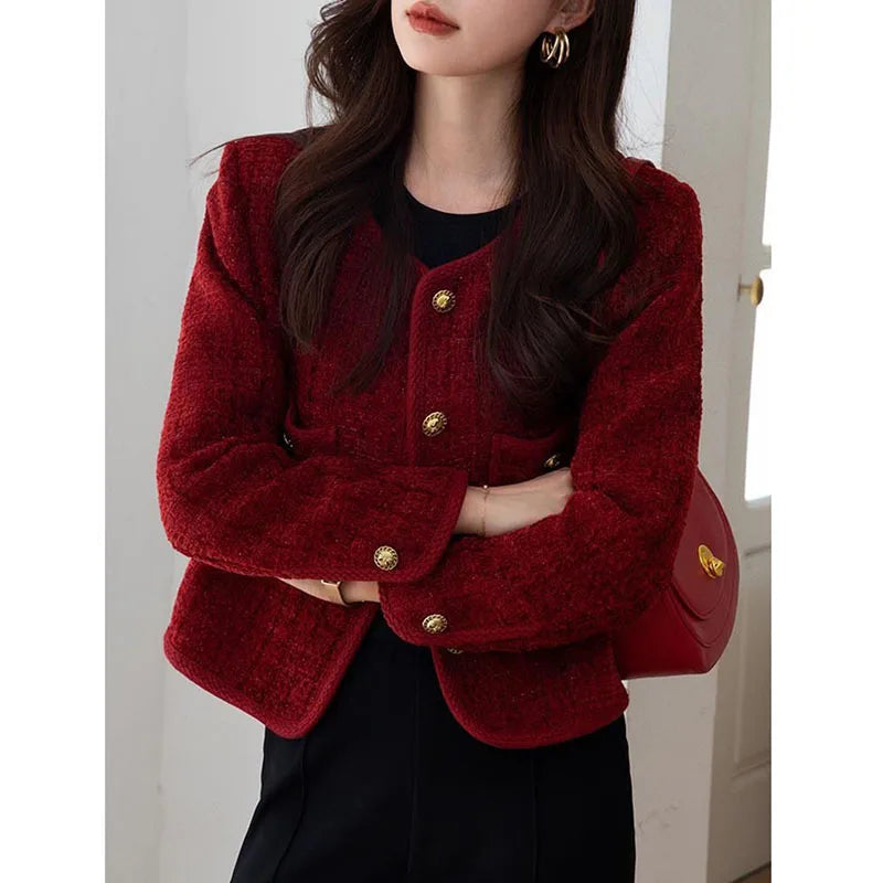 Lucyever Wine Red Tweed Coats Female 2025 Autumn Winter New Fashion Temperament Short Jacket Korean All-Match O-Neck Outerwear