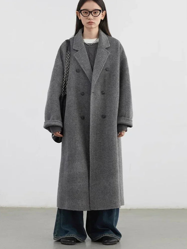 CHIC VEN Women Woolen Coat Double-breasted Basic Loose Casual Retro New Long Double-sided Female Overcoat Autumn Winter 2024