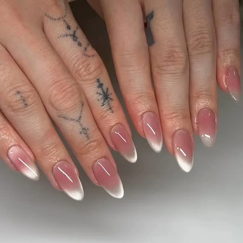 24pcs Blush Cat's Eye Press On Nails Flash Gold Powder French Style Short Almond False Nails Sweet Korean Summer Fake Nail Tips