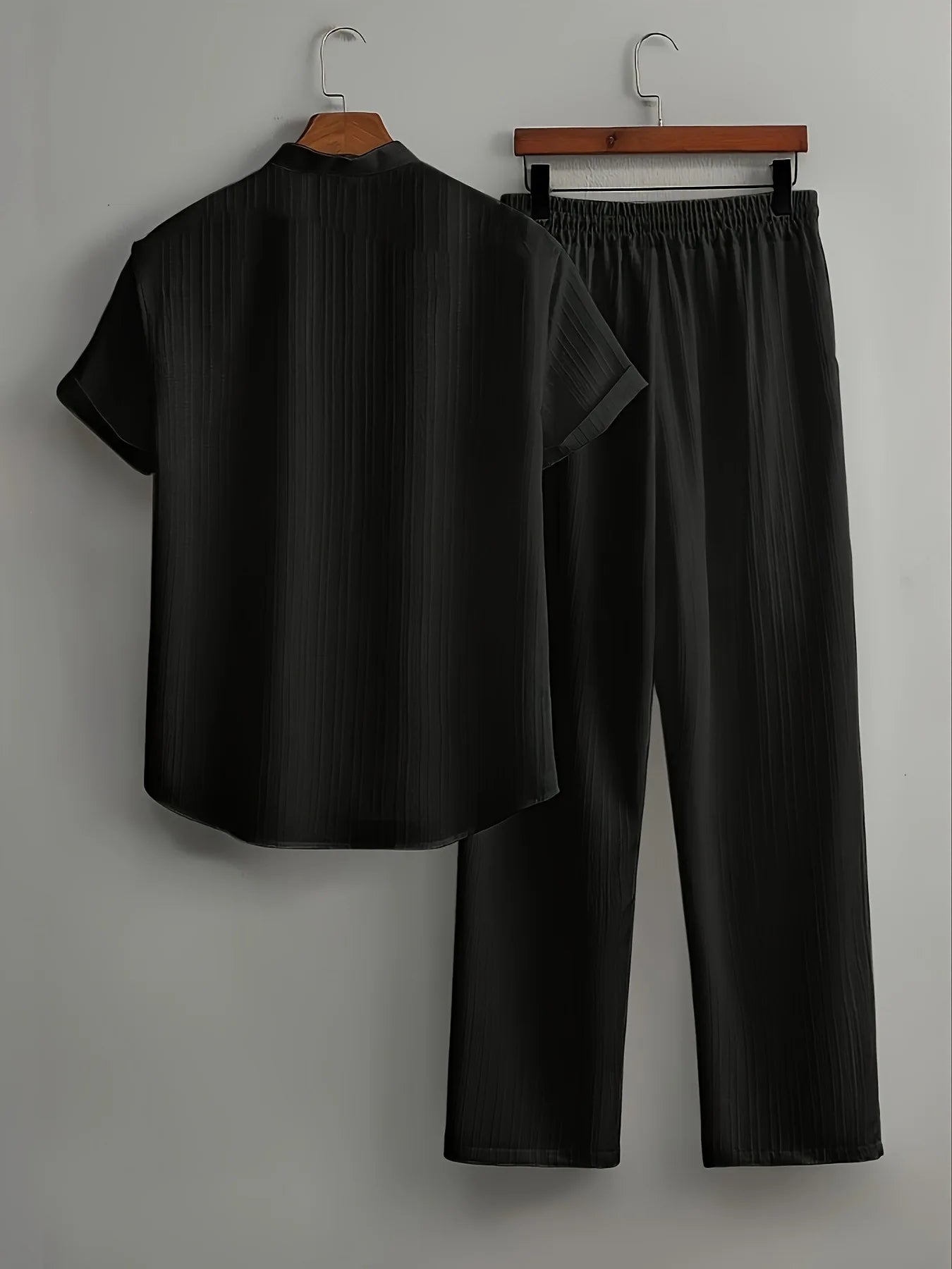 Men's Two Pieces Casual Outfit Loungewear Solid Color Textured Short Sleeve Button Down Shirt and Long Drawstring Pants