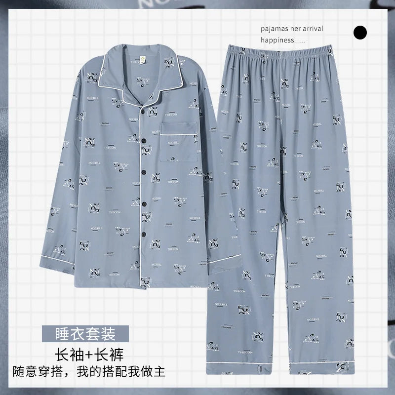 2023 Cotton Men's Cardigan Sleepwear Autumn Spring Long Sleeves Nightwear 2 Pieces Pajamas Set Male Plus Size 4XL 5XL Homewear