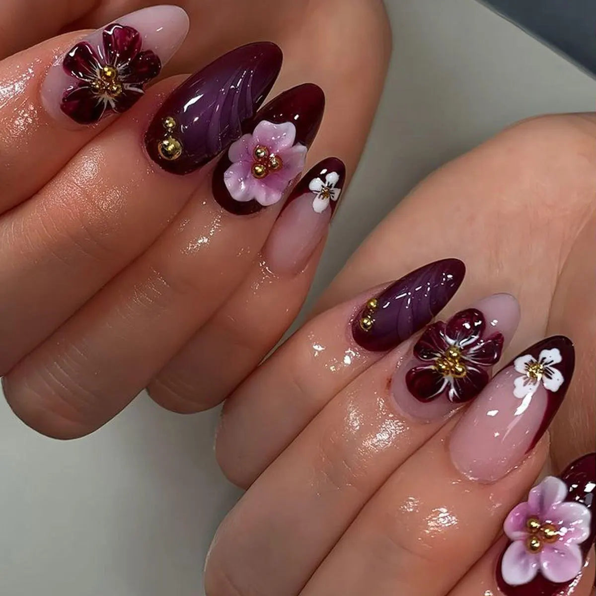 24Pcs Mid-length 3D Flowers Design Fingertips Sweet Butterfly Yellow Ripple Almond False Nails Detachable Full Cover Press Ons