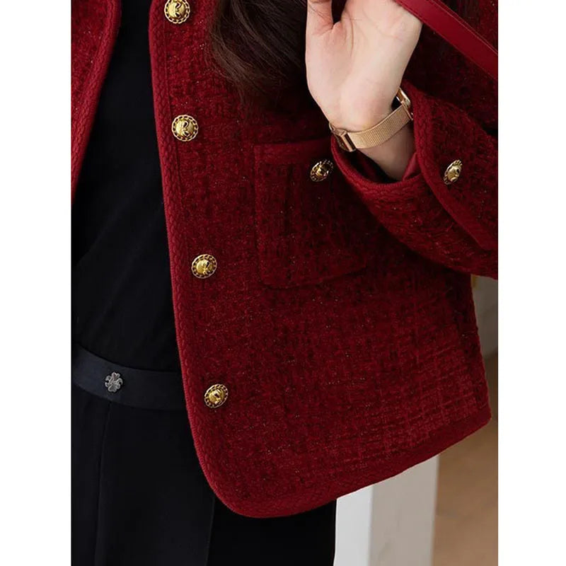 Lucyever Wine Red Tweed Coats Female 2025 Autumn Winter New Fashion Temperament Short Jacket Korean All-Match O-Neck Outerwear