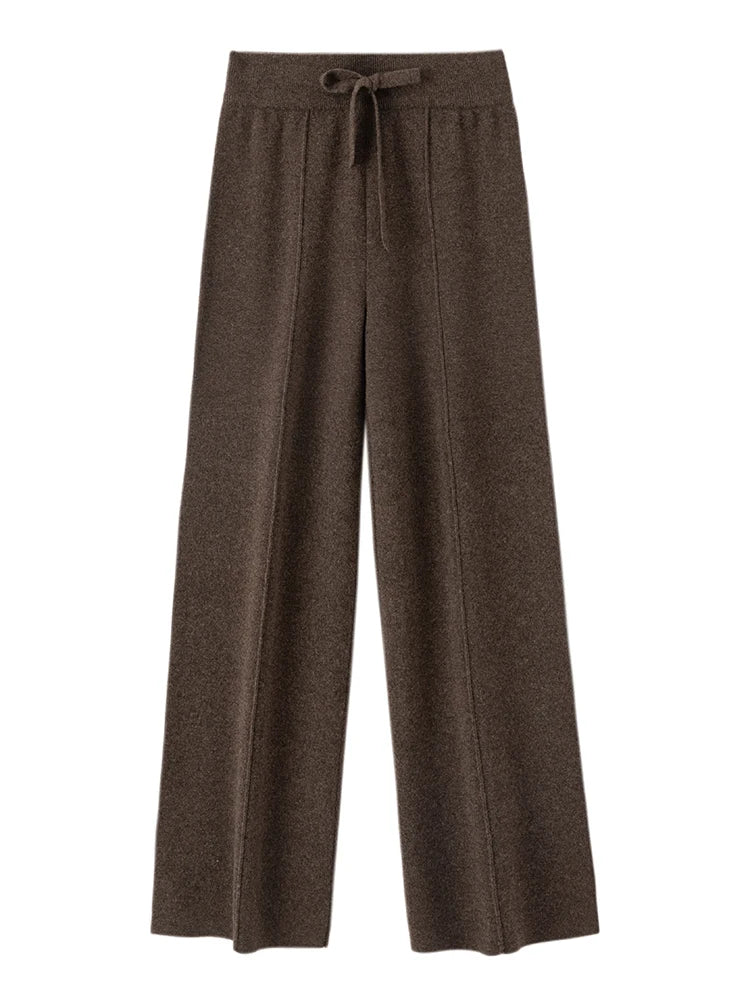 Autumn Winter Women Wide Leg Pants 100% Merino Wool Elastic Waist Straight Trousers Knitted Elegant Draped Loose Fit Trousers