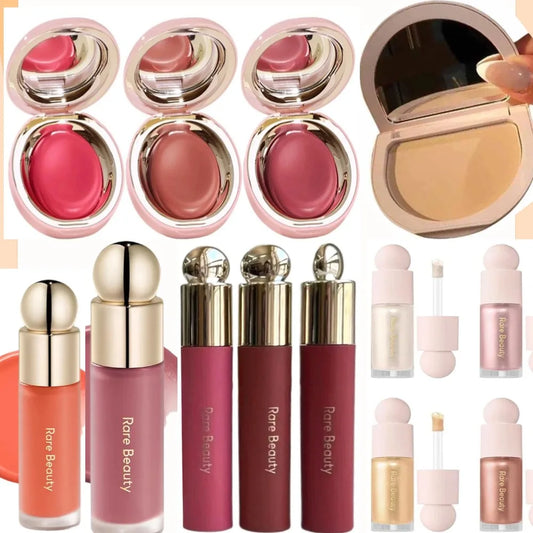 Rare Beauty Essential Makeup Bundle For Flawless Look Face Setting Powder Lip Gloss Belive Gloss Cream Blush Liquid Highlight