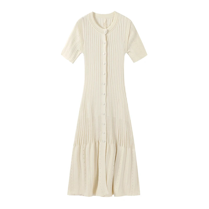 Knit Maxi Dress For Women Elegant Solid O-neck Single Breasted Short Sleeve Long Dresses Female 2025 Summer Fashion Lady Vestido