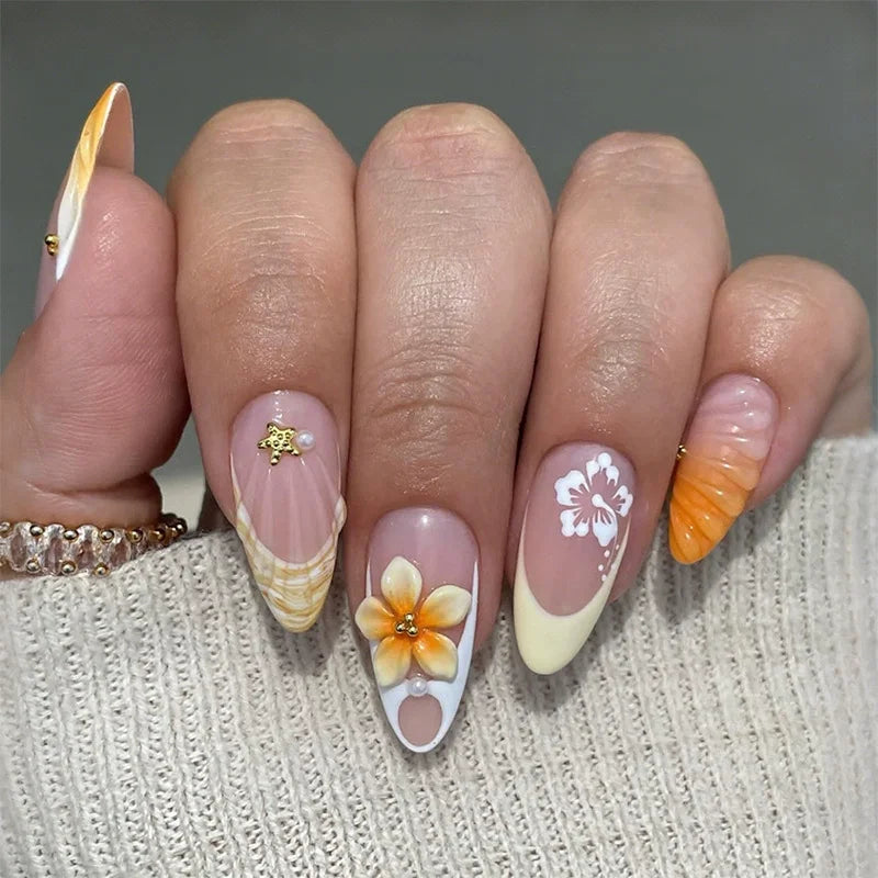24Pcs Mid-length 3D Flowers Design Fingertips Sweet Butterfly Yellow Ripple Almond False Nails Detachable Full Cover Press Ons
